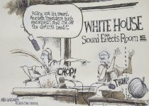 Pulling out his sword, fearless President Bush exclaimed, 'I shall cut off the defecit's head!'